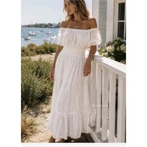 Betsey Johnson White Eyelet Off The Shoulder Maxi Dress Sz L Beach Resort